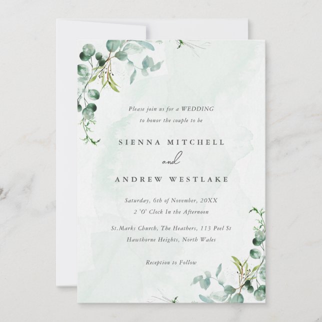 Invitation Aquarelle bleu Eucalyptus Mariage vert (Devant)