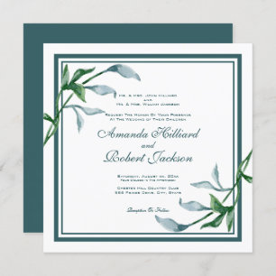 Invitation Aquarelle Bleu Feuilles verts, Mariage des noms de