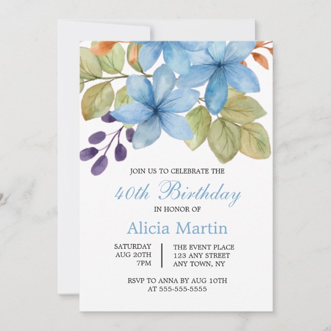 Invitation Aquarelle Bleu Fleur Botanique N'importe quel âge  (Devant)