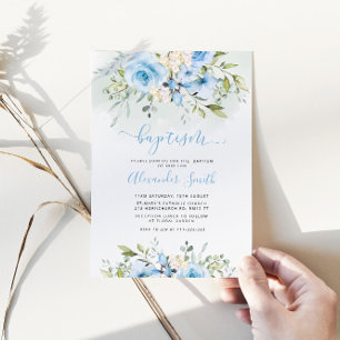 Invitation Aquarelle bleu fleuri garçon baptême