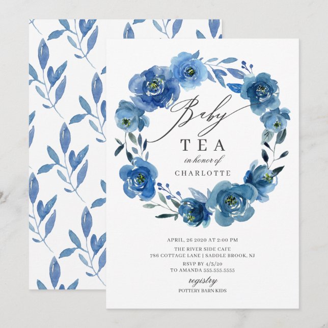 Invitation Aquarelle Bleu Fleurs Baby shower Thé (Devant / Derrière)