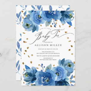Invitation Aquarelle Bleu Fleurs Baby shower Thé