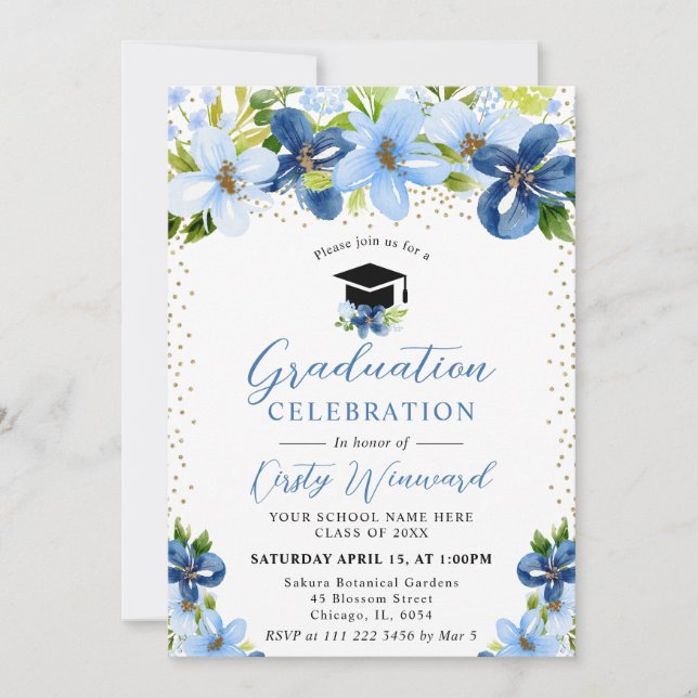 Invitation Aquarelle Bleu Fleurs d'été Graduation (Devant)