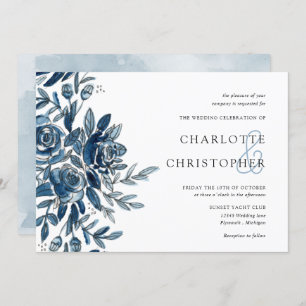 Invitation aquarelle bleu fleurs d'indigo horizontale mariage