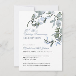 Invitation  Aquarelle Bleu Floral 25e anniversaire Mariage
