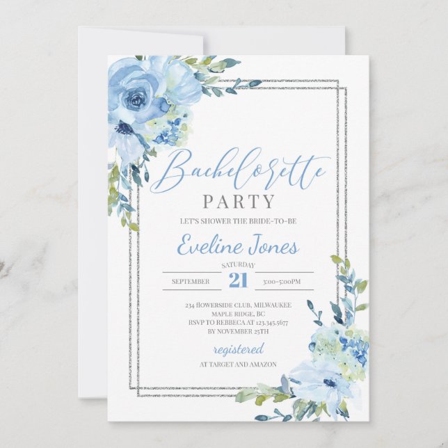 Invitation Aquarelle bleu floral argent parties scintillant b (Devant)