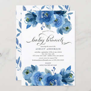 Invitation Aquarelle Bleu Floral Bébé Brunch