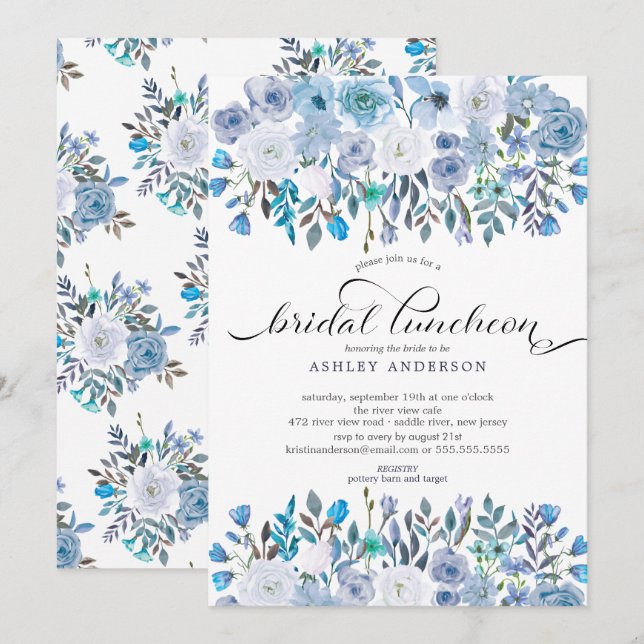 Invitation Aquarelle Bleu Floral Bridal Luncheon (Devant / Derrière)