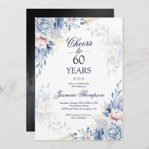 Invitation Aquarelle bleu Floral Elégante Photo 60e anniversa