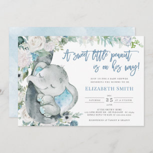 Invitation Aquarelle bleu Floral Elephant Baby shower garçon 