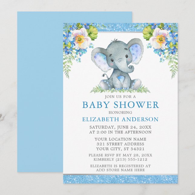 Invitation Aquarelle Bleu Floral Eléphant Parties scintillant (Devant / Derrière)