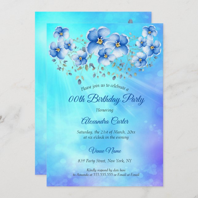 Invitation Aquarelle bleu floral fête d'anniversaire (Devant / Derrière)