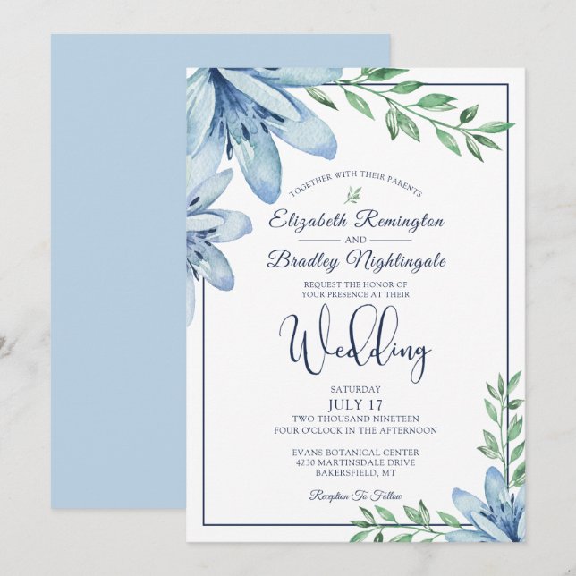 Invitation Aquarelle Bleu Floral Fleur & Mariage de verdure (Devant / Derrière)