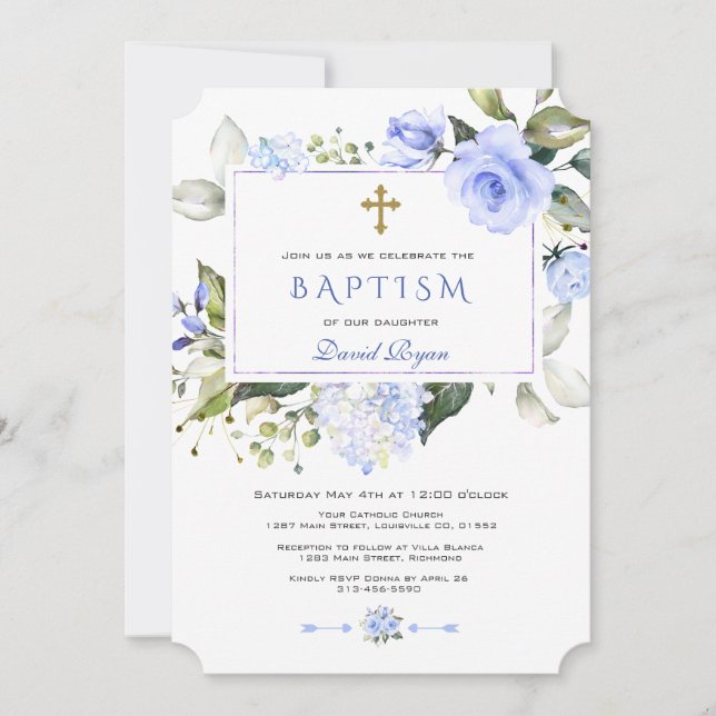 Invitation Aquarelle Bleu Floral Frame Cross Boy Baptême (Devant)