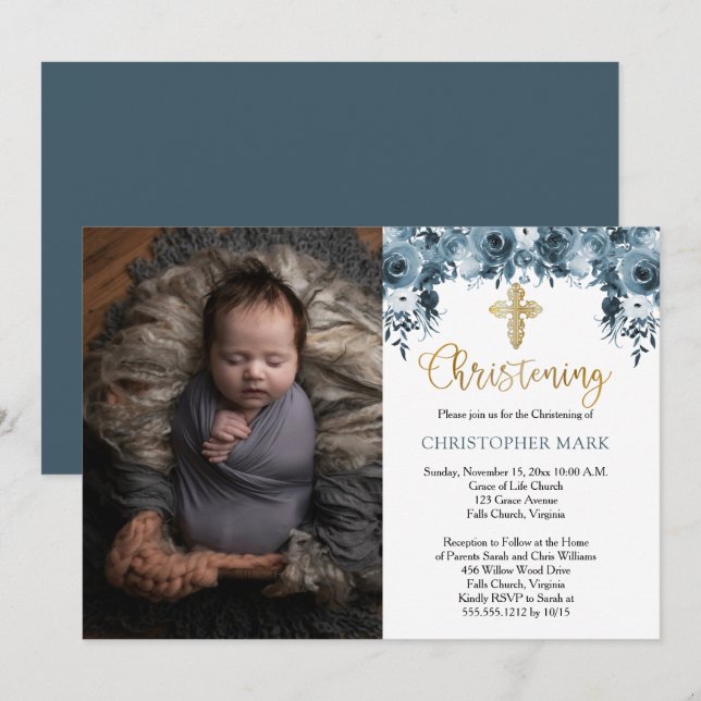 Invitation Aquarelle bleu Floral Gold Boy Photo Christening (Devant / Derrière)