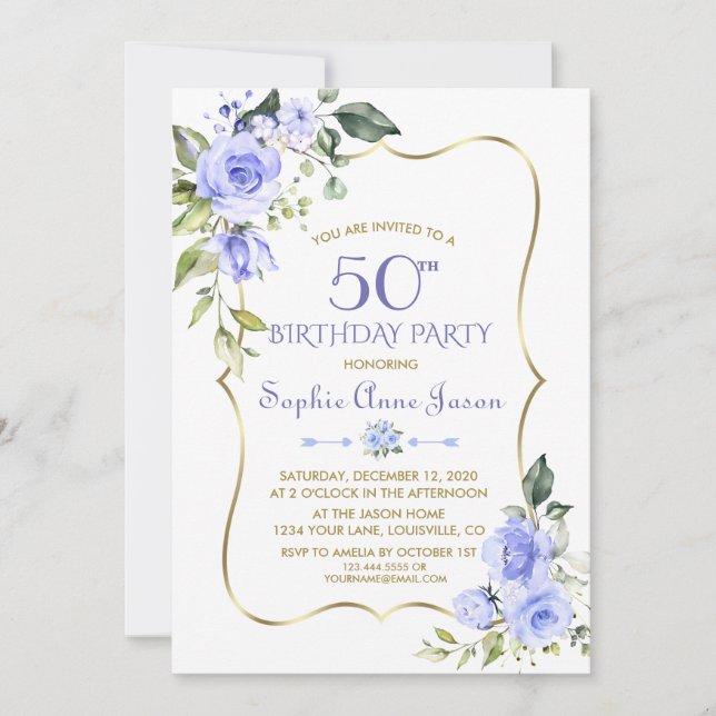 Invitation Aquarelle Bleu Floral Gold Frame 50e anniversaire (Devant)