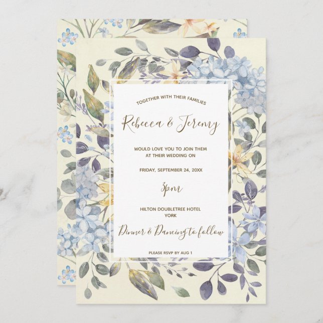 Invitation aquarelle bleu floral hydrangea mariage inviter (Devant / Derrière)