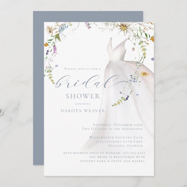 Invitation Aquarelle Bleu Floral Mariage Fête des mariées (Devant / Derrière)