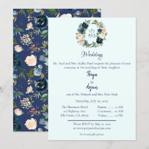 Invitation Aquarelle bleu Floral Mariage Hindu Ganesh