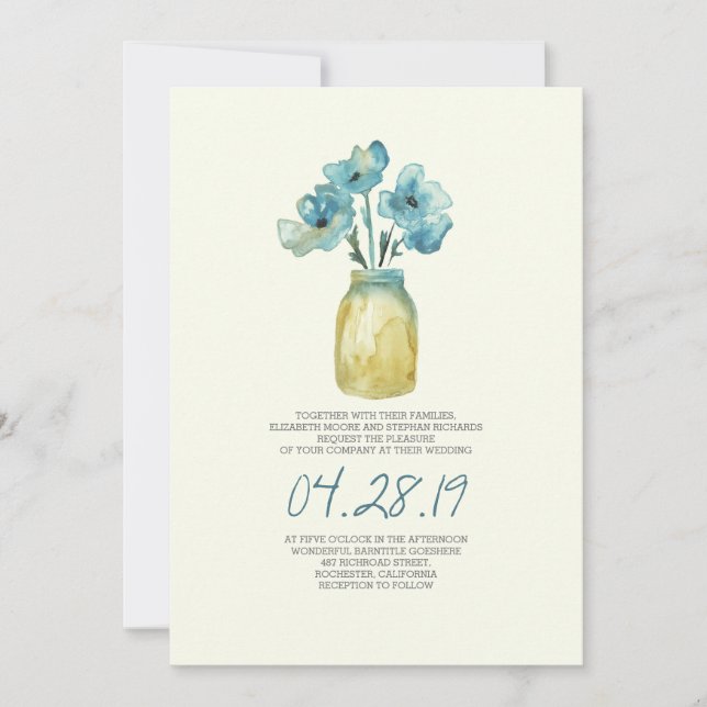 Invitation aquarelle bleu floral mason jarre mariage rustique (Devant)