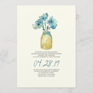 Invitation aquarelle bleu floral mason jarre mariage rustique