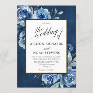 Invitation Aquarelle bleu floral moderne mariage