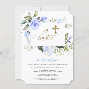 Invitation Aquarelle Bleu Flore Cadre Or Croix Mi Bautizo
