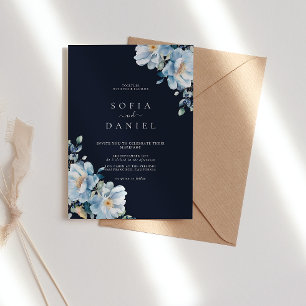 Invitation Aquarelle Bleu foncé Hiver Floral Mariage
