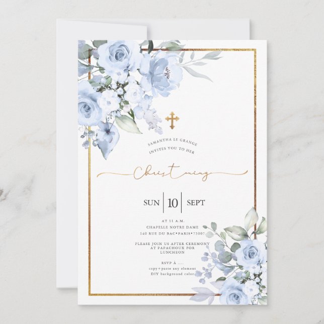 Invitation Aquarelle bleu foncé Rose Christening (Devant)