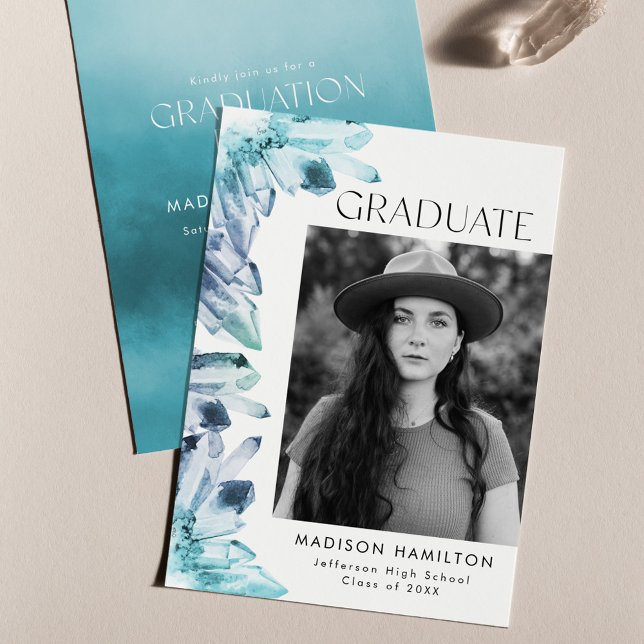 Invitation Aquarelle bleu glace Crystal Photo Graduation Part (Créateur téléchargé)