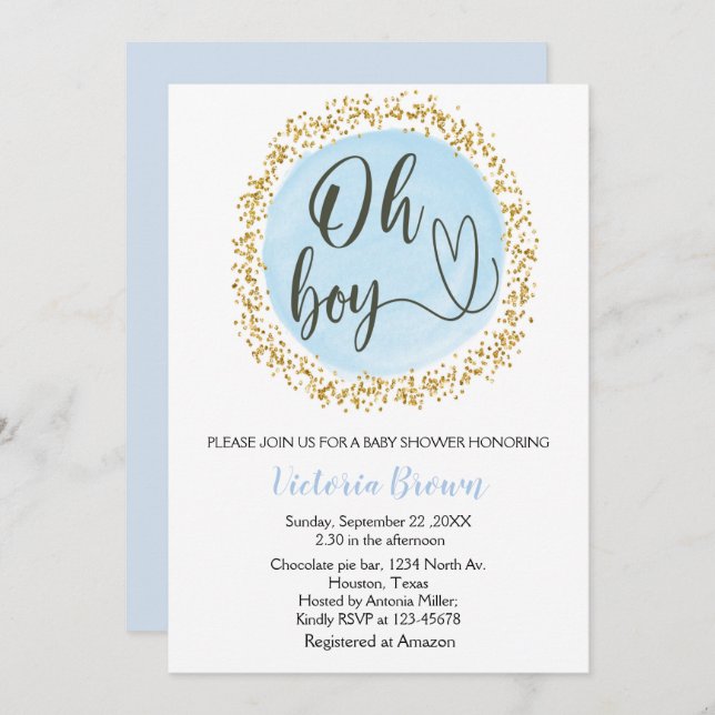 Invitation Aquarelle Bleu Gold Confetti Baby shower Oh boy (Devant / Derrière)