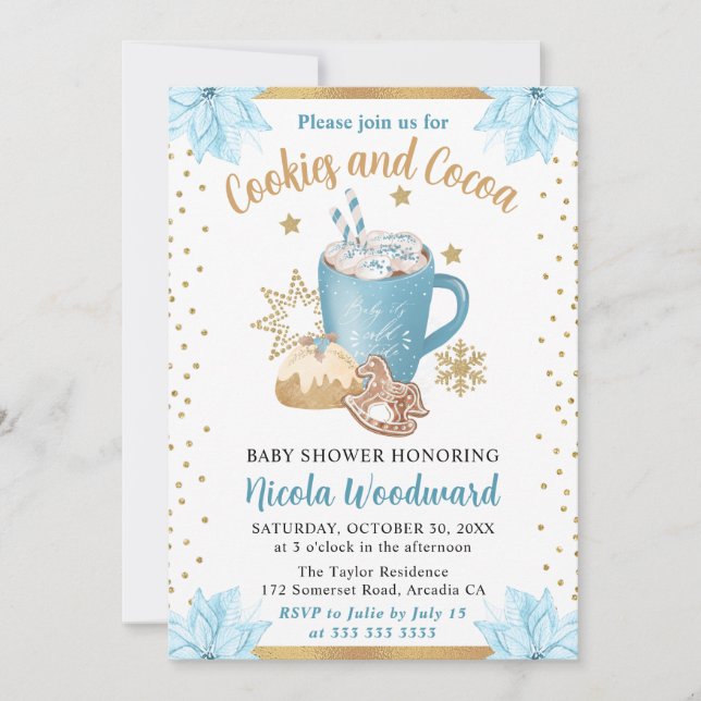 Invitation Aquarelle Bleu Hiver Cookies et Baby shower de cac (Devant)
