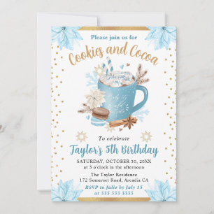 Invitation Aquarelle Bleu hiver Cookies et cacao Anniversaire