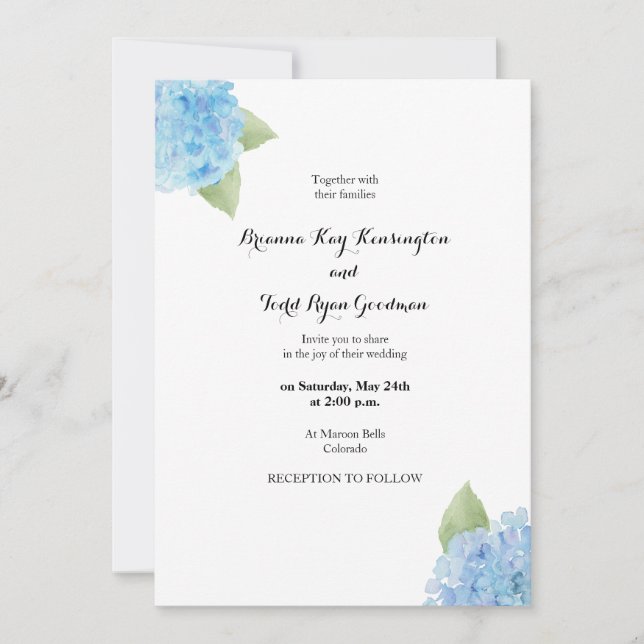 Invitation Aquarelle bleu Hydrangea FloralInvitation (Devant)