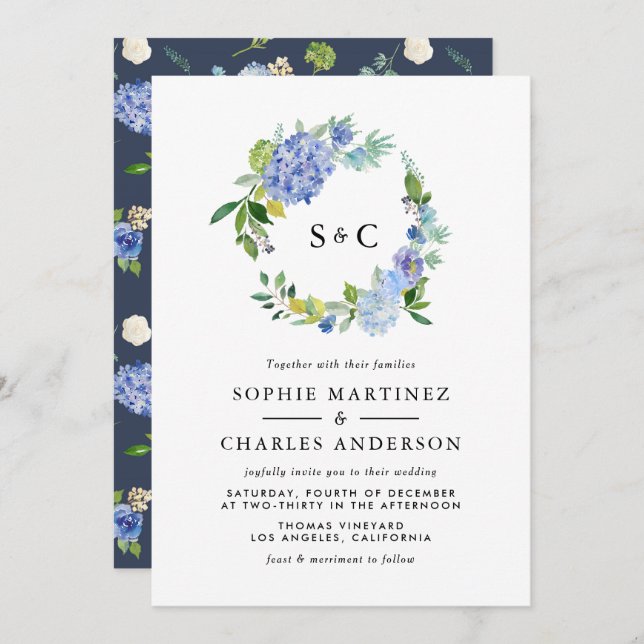 Invitation Aquarelle bleu Hydrangea Mariage de couronnes (Devant / Derrière)