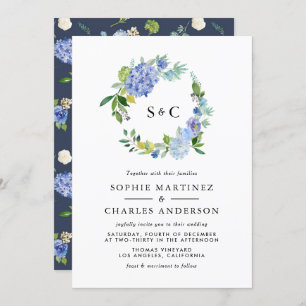 Invitation Aquarelle bleu Hydrangea Mariage de couronnes