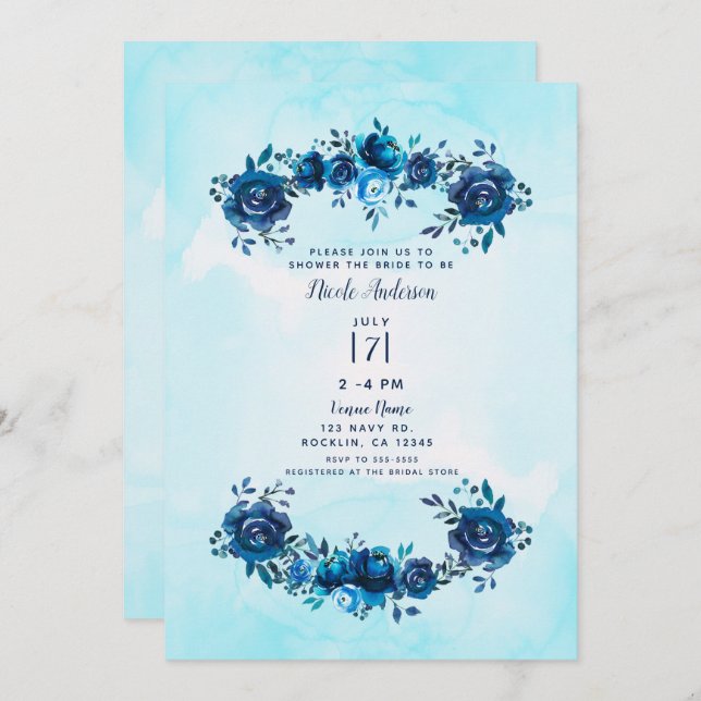 Invitation Aquarelle bleu Indigo Fête des mariées florale rus (Devant / Derrière)