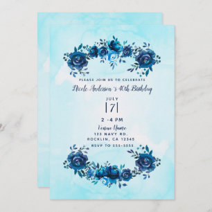 Invitation Aquarelle bleu Indigo Russe Floral Anniversaire