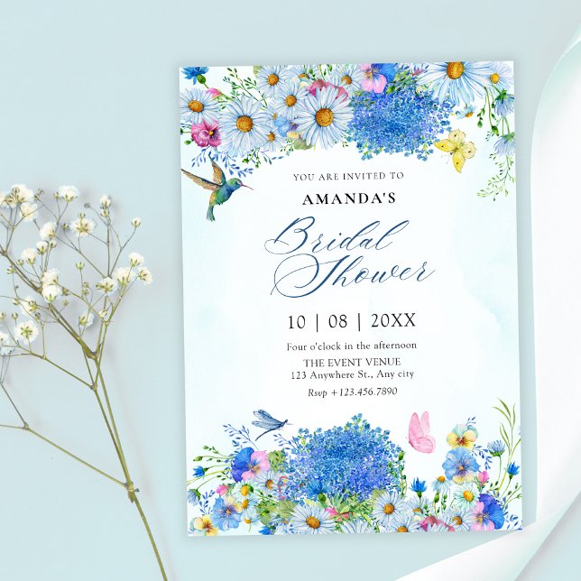 Invitation Aquarelle bleu jardin fleuri douche nuptiale (Créateur téléchargé)
