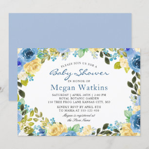 Invitation Aquarelle bleu Jaune Baby shower Fleurs