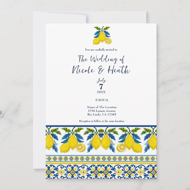 Invitation Aquarelle bleu jaune citron Mariage méditerranéen (Devant)