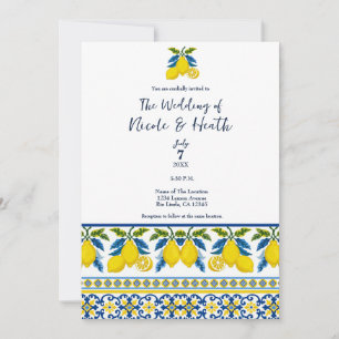 Invitation Aquarelle bleu jaune citron Mariage méditerranéen
