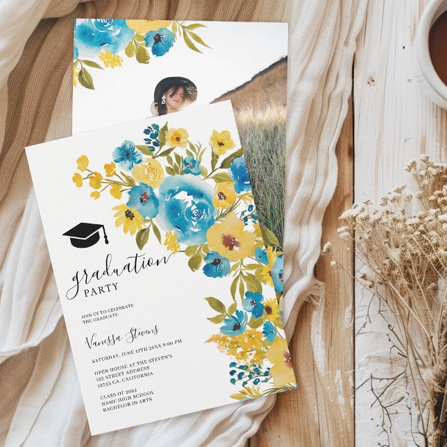 Invitation Aquarelle bleu jaune Fleur sauvage (Yellow Blue Watercolor Wildflower Graduation Photo Invitation)