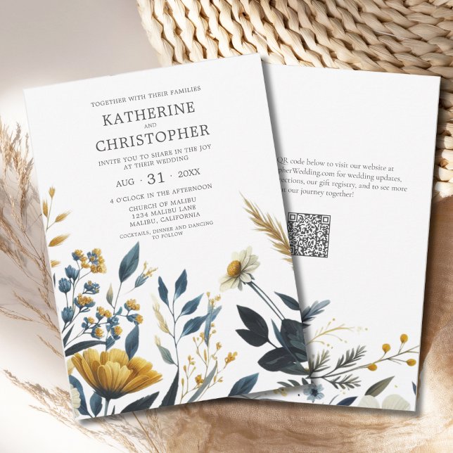 Invitation Aquarelle bleu jaune Fleurs sauvages Mariage éléga (Blue Yellow Elegant Wildflowers Wedding Invitation with QR Code for Wedding Website.)