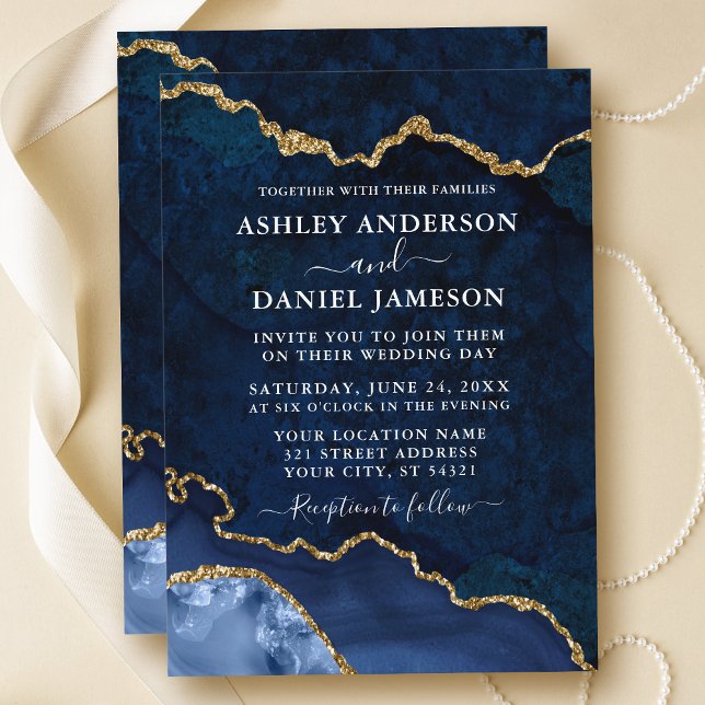 Invitation Aquarelle Bleu Marbre Or Agate Géode Mariage (Customize to change text size or text style.)