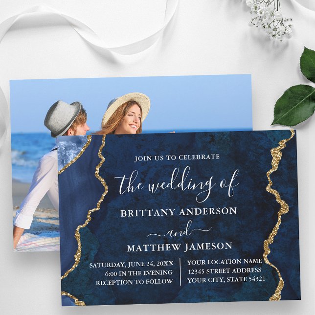 Invitation Aquarelle bleu marbre or Mariage photo (Customize to change text size or text style.)