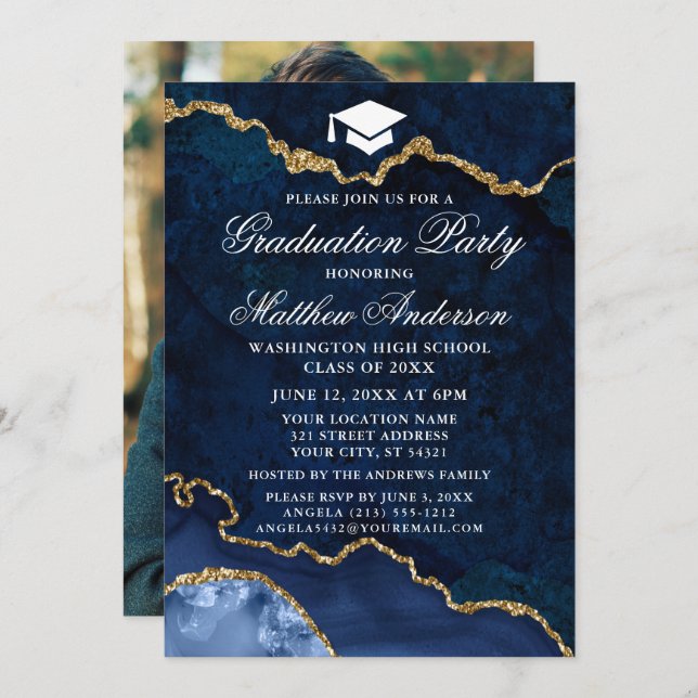 Invitation Aquarelle Bleu Marbre Or Partie de graduation de l (Devant / Derrière)