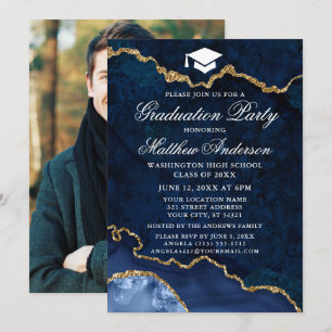 Invitation Aquarelle Bleu Marbre Or Partie de graduation de l