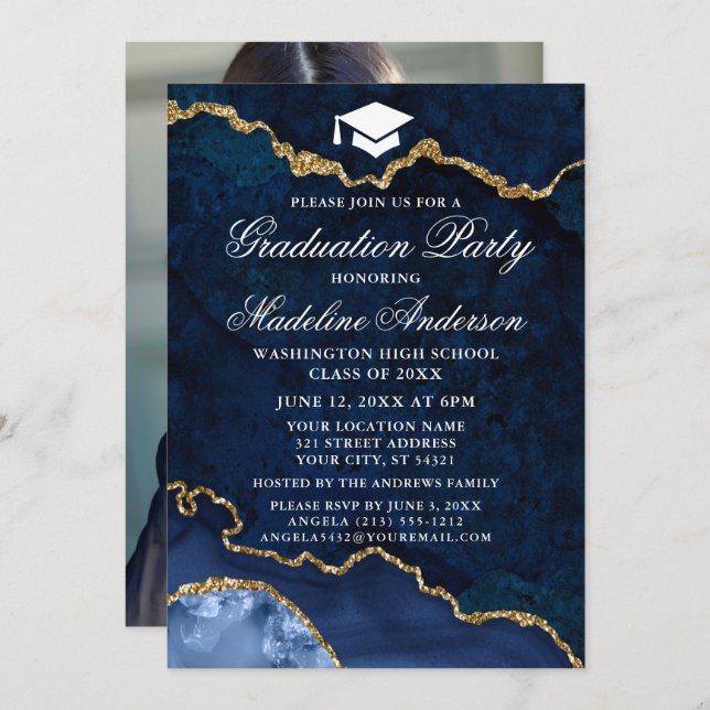 Invitation Aquarelle Bleu Marbre Partie de Graduation Photo (Devant / Derrière)