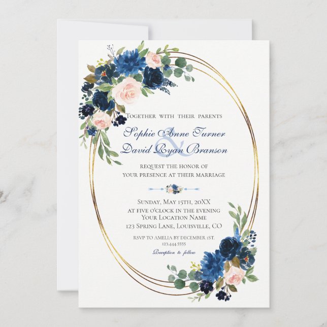 Invitation Aquarelle bleu marine bleu floral Mariage (Devant)